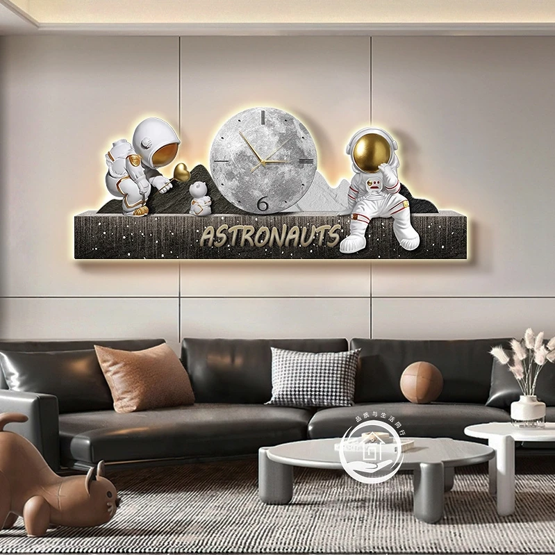 卡通宇航员客厅装饰画带钟表儿童房卧室床头挂画男孩房间发光灯画