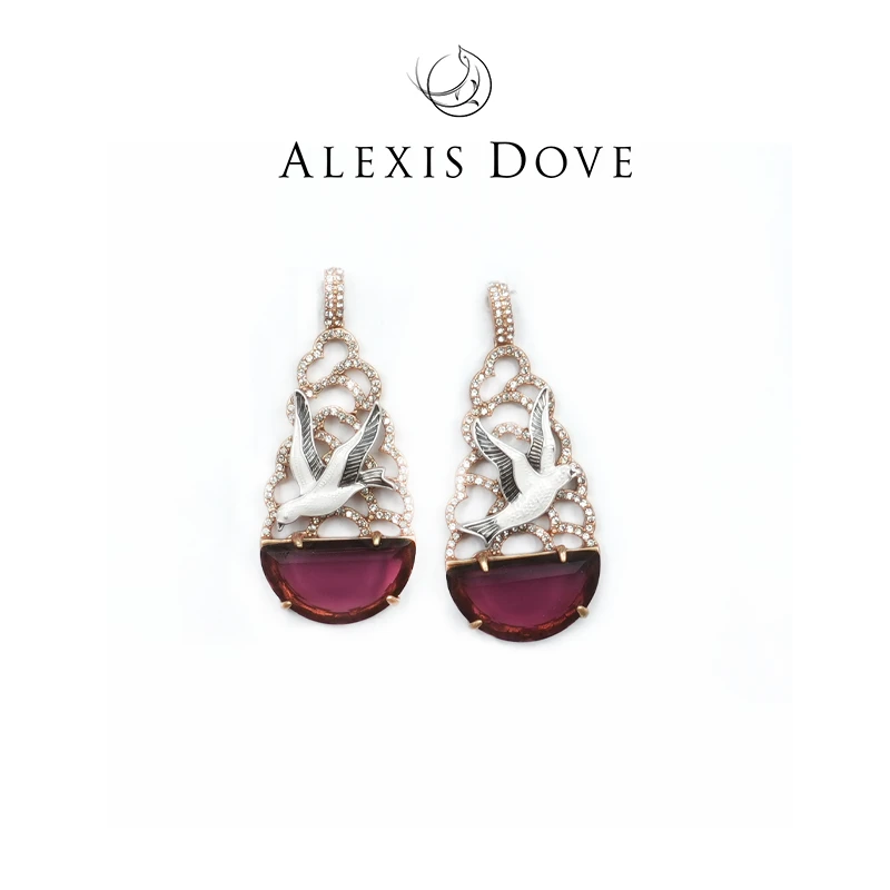 铜合金合成锆石耳饰 宫廷国风飞鸟水滴耳拍