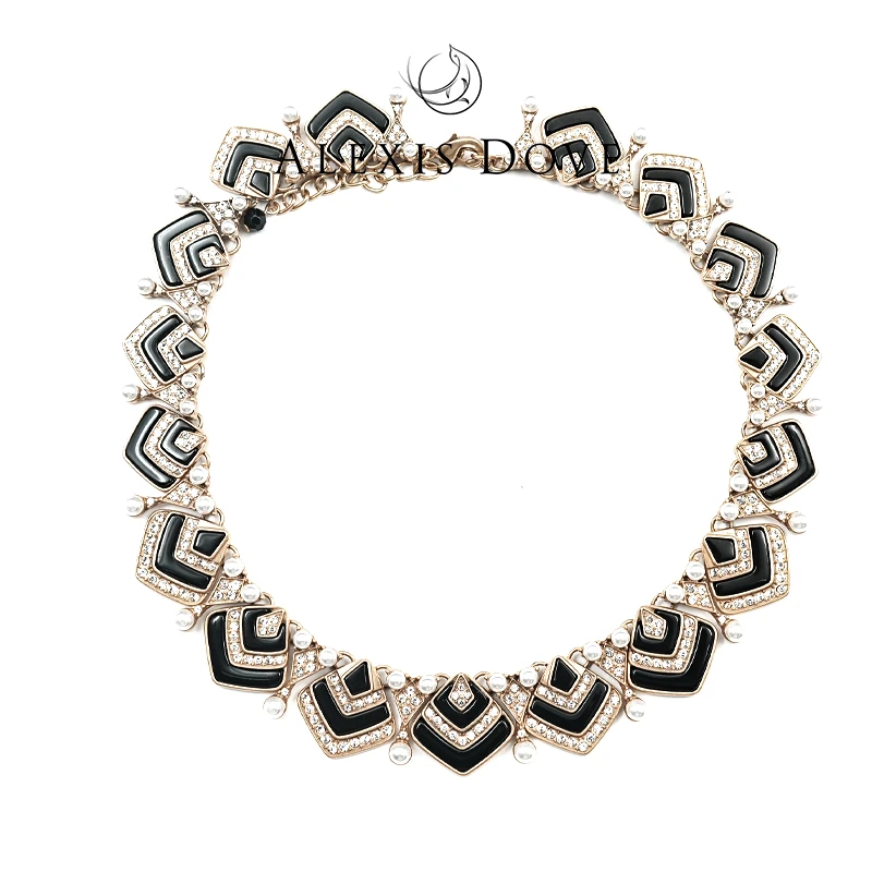 铜合金合成锆石项链  欧美宫廷黑色方形几何项链V乐亿