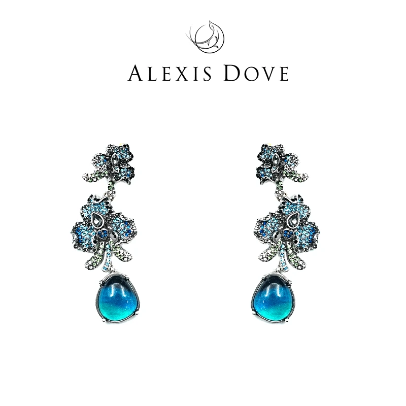 铜合金合成锆石耳饰  时尚别致满镶炫彩蓝花耳夹V