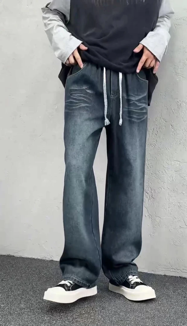 9150#（加绒加厚）牛仔裤冬季潮流宽松直筒阔腿大码复古休闲长裤