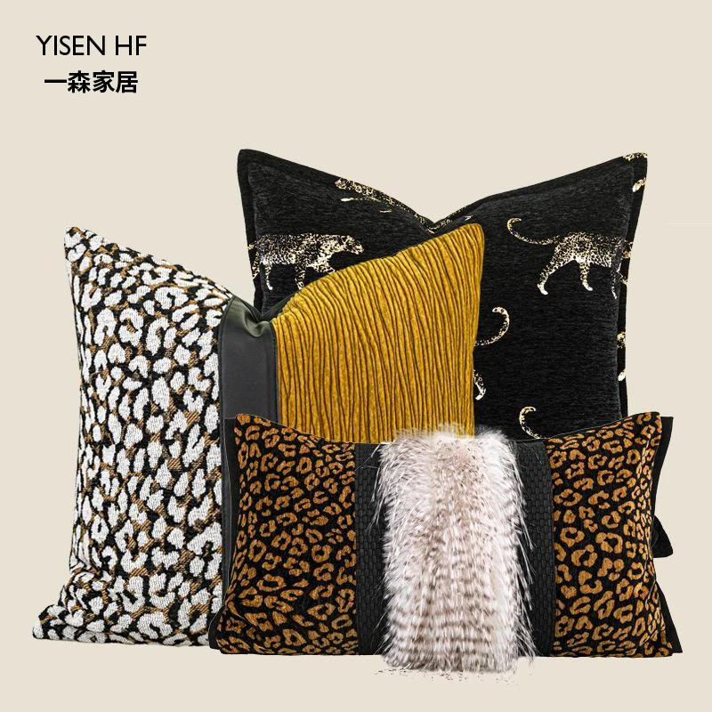 现代轻奢黑金色豹子豹纹拼接抱枕酒店样板间高级感靠枕靠包腰枕