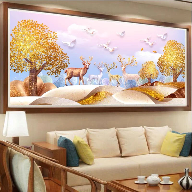 纯手工十字绣成品幸福麋鹿发财树欧式新款客厅大气挂画