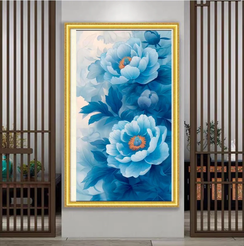 纯手工十字绣成品馥郁芬芳景泰蓝牡丹客厅玄关竖版花卉新中式国潮