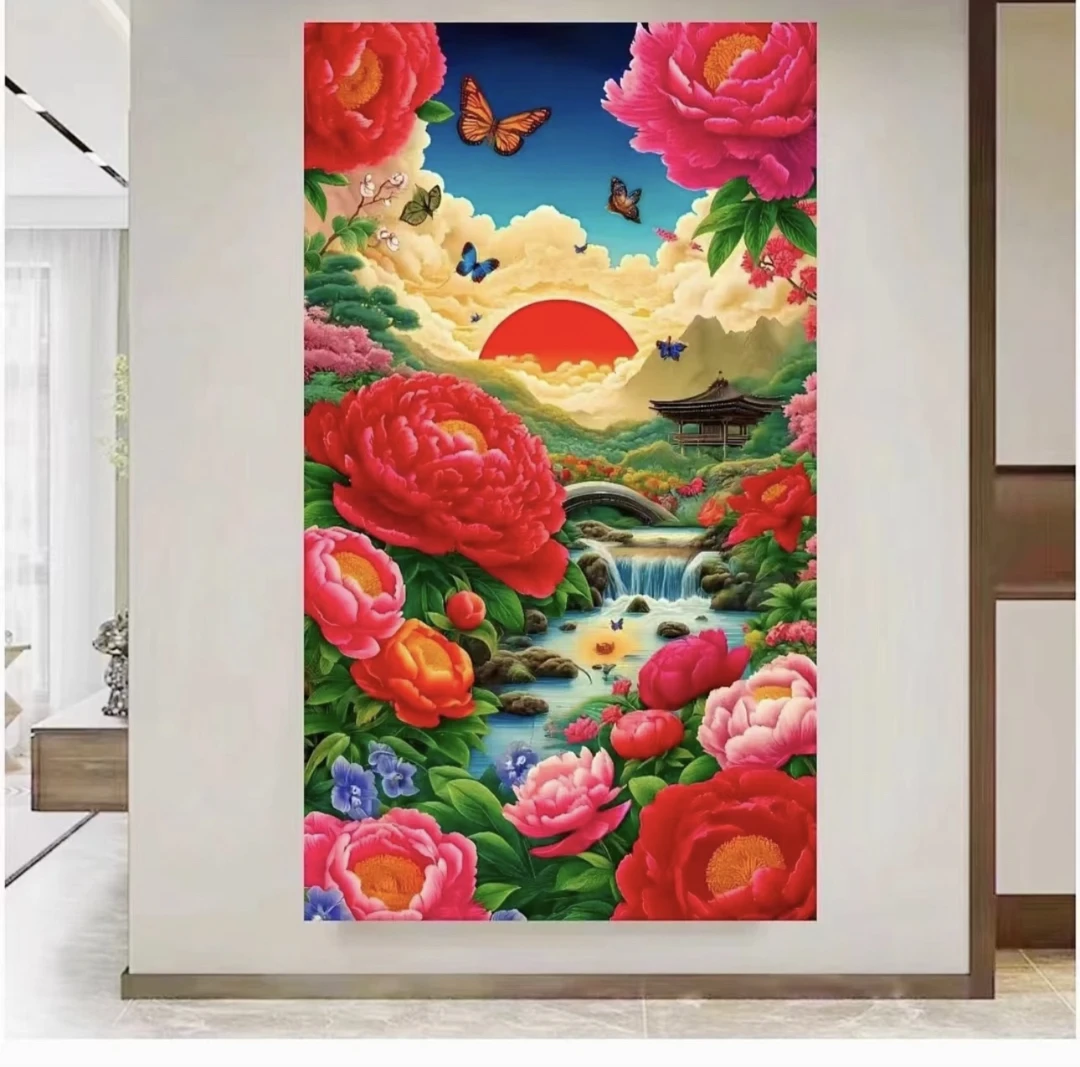 纯手工十字绣成品玄关醉玲珑锦绣山河竖版装饰挂画135×75厘米
