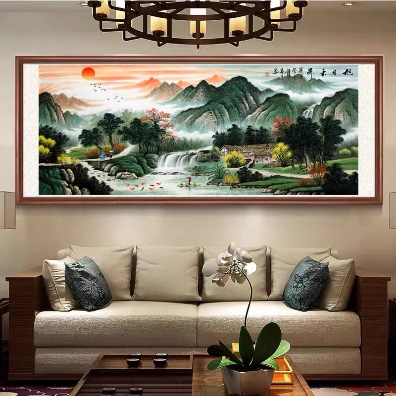 （国货）纯手工十字绣成品旭日东升流水生财新款大幅客厅山水画