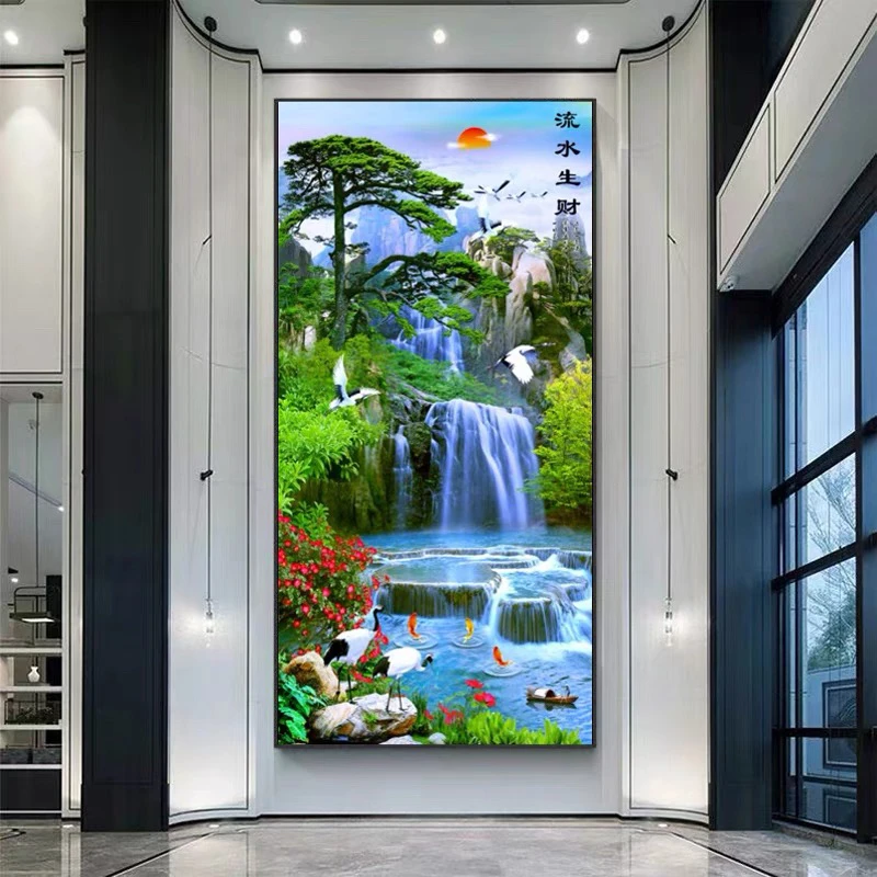 纯手工十字绣成品新款客厅流水生财玄关竖版旭日东升挂画满绣