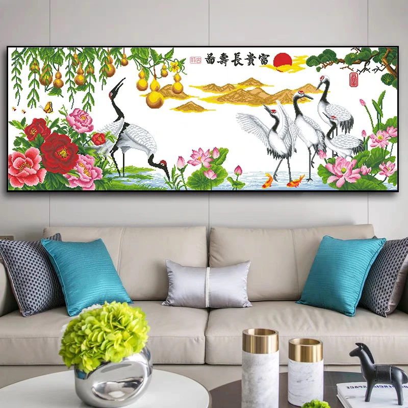 纯手工十字绣成品富贵长寿图仙鹤牡丹葫芦客厅大幅现货出售