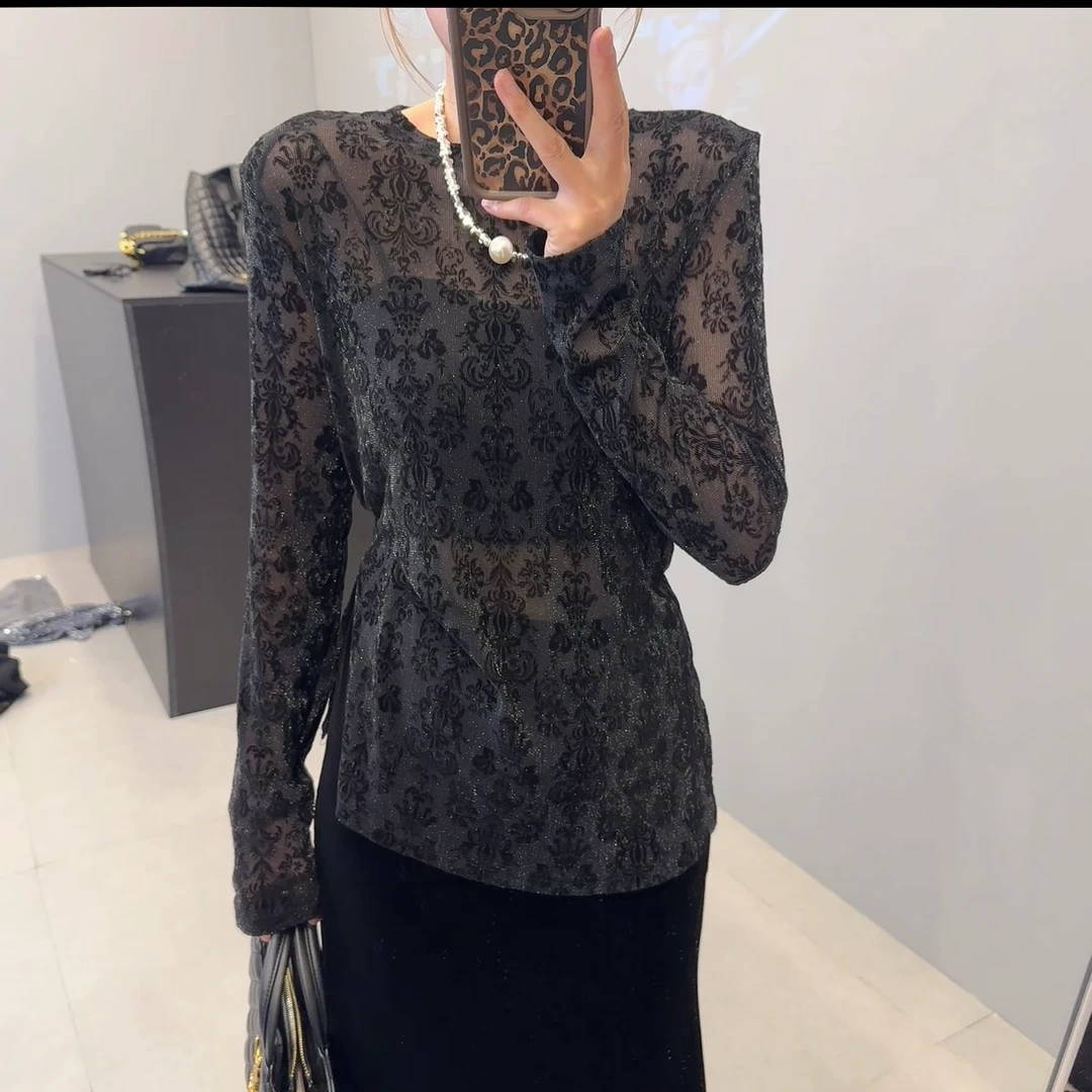 韩版东大门植绒花圆领长袖网纱镂空气质显瘦时尚百搭打底