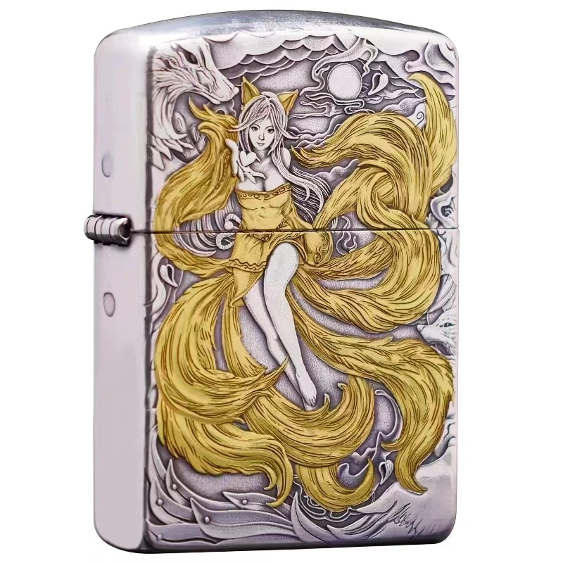 ZIPPO【小鱼推荐】打火机正版镀银鎏金-月下九尾望月男士送礼收藏