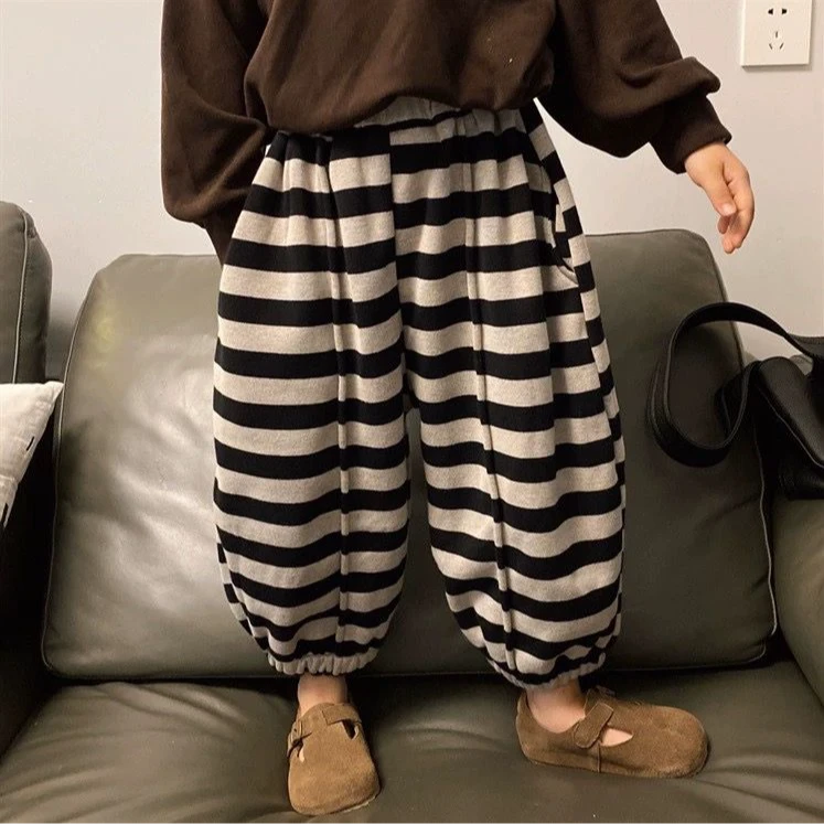 儿童春秋季2025新款条纹休闲裤男女宝宝洋气宽松韩版时尚加绒卫裤