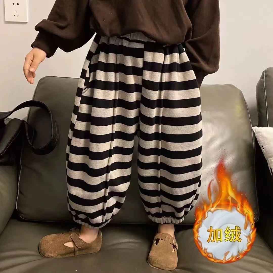 男女童裤子童装秋冬2025新款加绒儿童长裤卫裤条纹宽松休闲裤