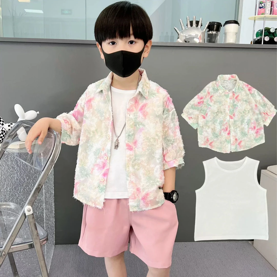 男童套装港风衬衫三件套2024新款中小童时尚帅气夏季薄款时髦套装