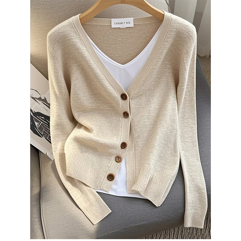 韩式高级感假两件浅杏色针织衫女早秋新款今年流行漂亮长袖上衣潮