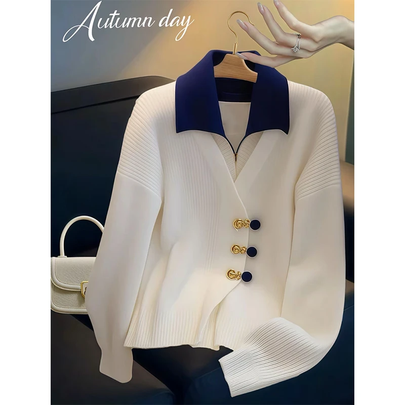 初秋新款女装新中式国风盘扣长袖针织衫高级感减龄白色假两件毛衣
