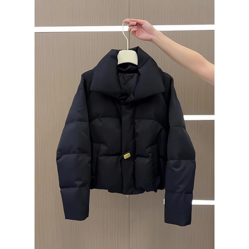 黑色立领棉服外套女冬季短款加厚高级感别致气质宽松遮肉棉衣上衣