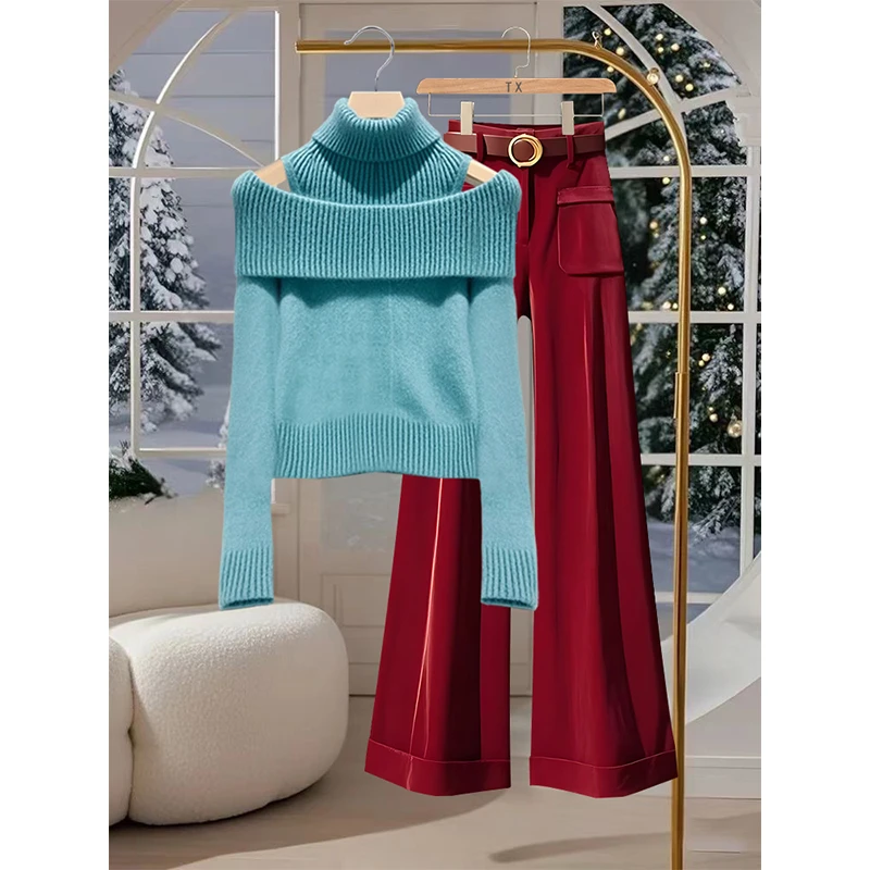 秋冬时尚套装法式高级感假两件针织衫多巴胺红色休闲裤两件套装女