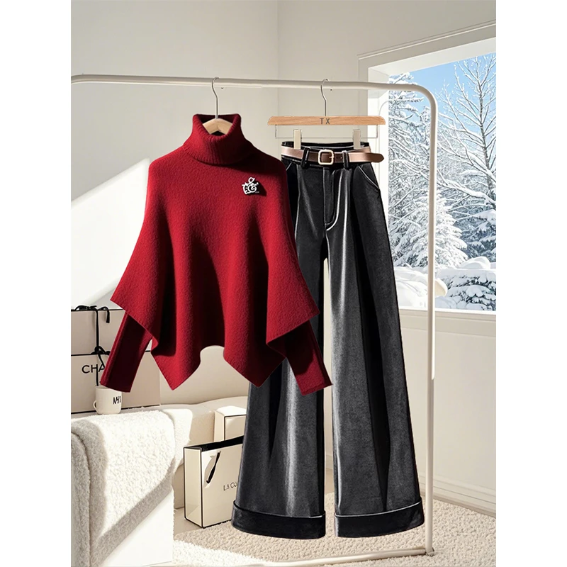 秋冬季时尚套装高级感圣诞红色斗篷毛衣小个子黑色休闲裤两件套女