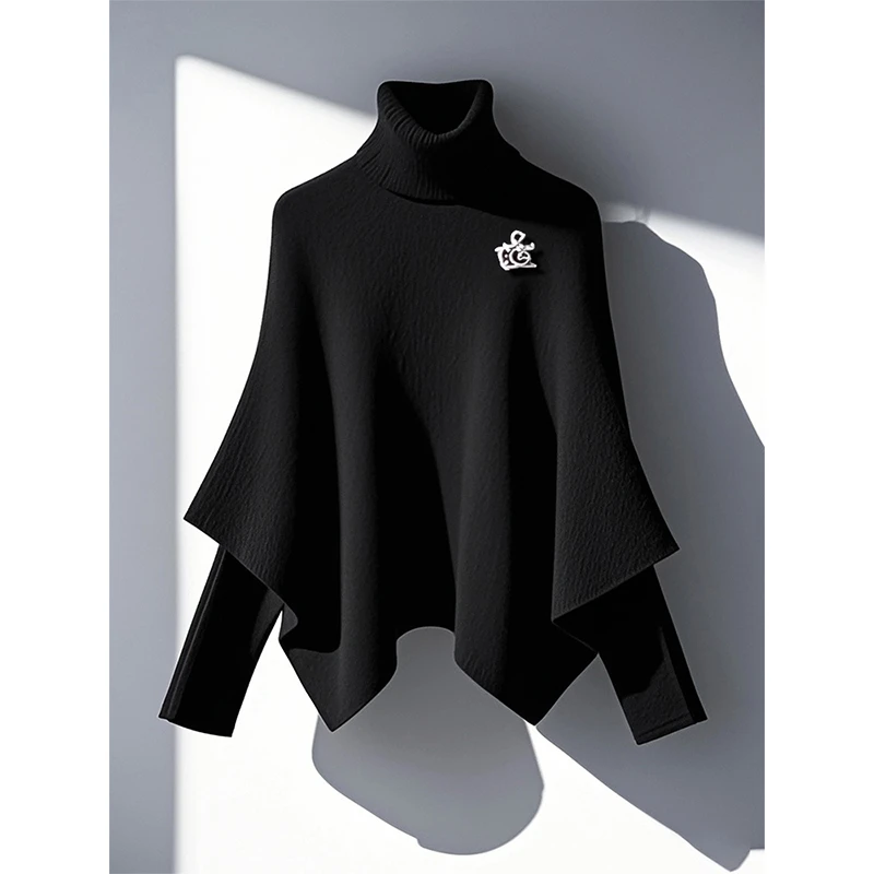 2025年冬季针织衫上衣慵懒高级感超好看高级感黑色假两件斗篷毛衣