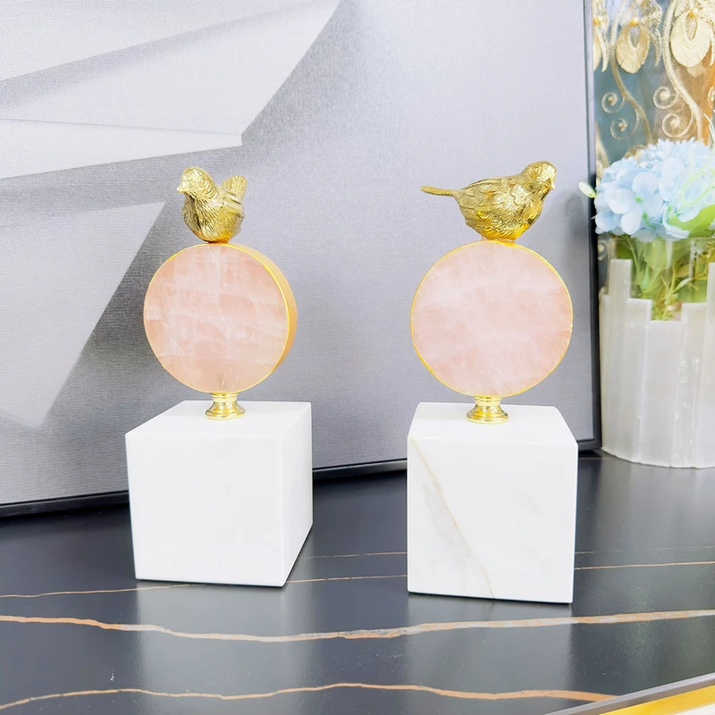 轻奢高档大气摆件喜鹊铜鸟客厅发财设天然粉水晶石乔迁装饰送礼品