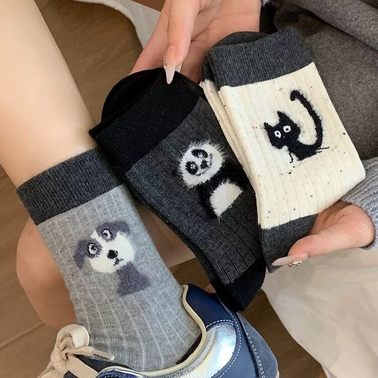 可爱动物卡通植绒中筒袜子女秋冬可爱日系穿搭中筒秋冬季棉袜子女