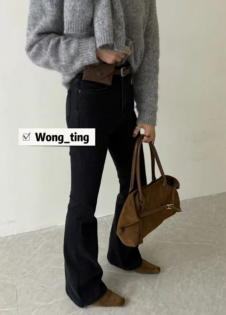 【W_ting】冬款小众设计师印家加绒喇叭牛仔裤裤3201