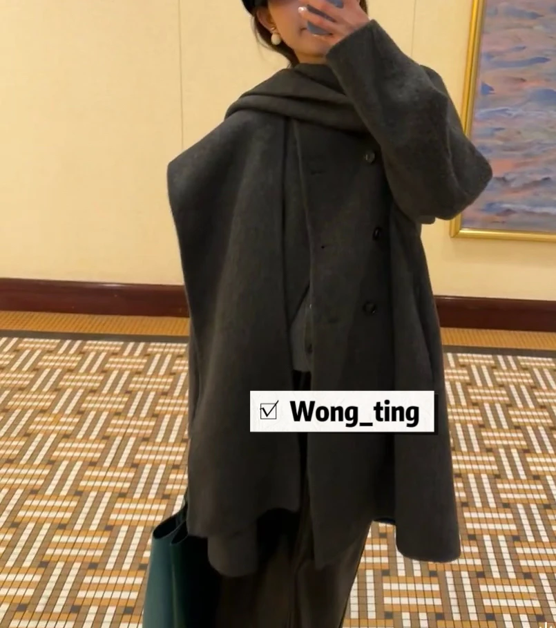 【Wong_T】新款小众设计师桃喜芒芒两色带围巾大衣外套16588