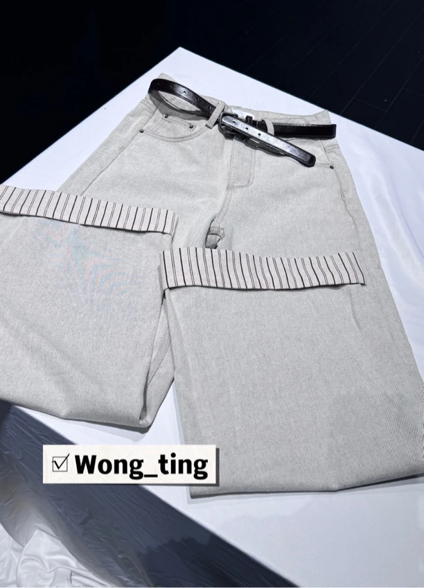 【W_ting】秋冬新款小众设计师燕麦色拼条纹直筒牛仔裤3071