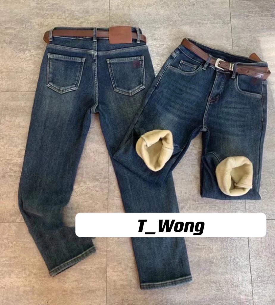 【T_Wong】冬季新款小众设计师两色加绒烟管裤牛仔裤5751