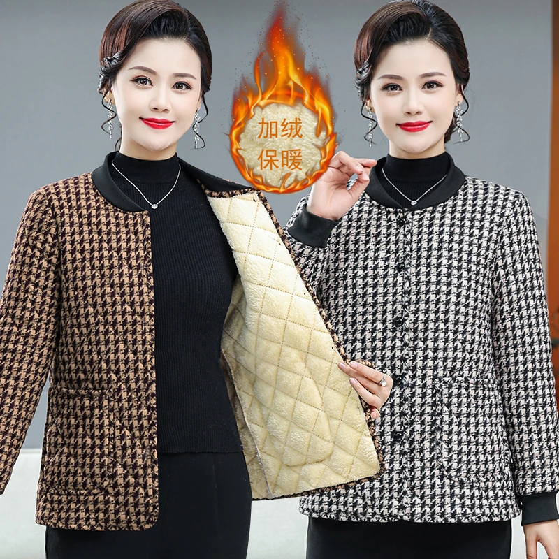 277-新款加绒中厚棉袄中年妈妈装长袖冬装棉外套中老棉衣格子棉布