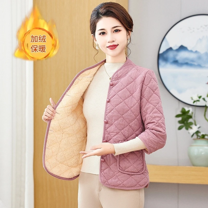 D060中年妈妈装中厚棉袄中老年条纹棉衣七分袖加绒保暖秋冬民族风