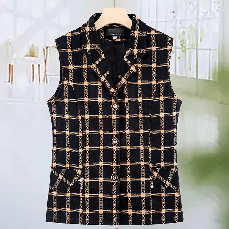 C134-新款马夹妈妈装春秋中老年时尚休闲格子百搭马甲中年60翻领