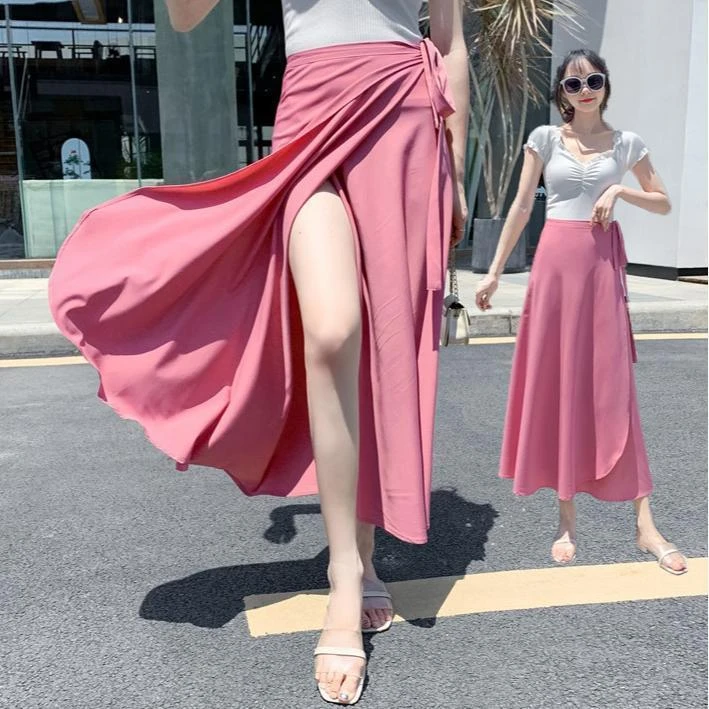 韩版系带高腰雪纺一片式半身裙女夏中长款ins火的a字沙滩裹裙子