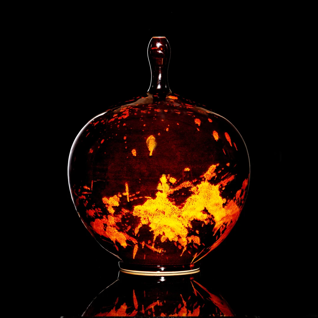 省工美大师柯君丽非遗非遗天目瓷原矿釉李封窑手工金瑁竖口瓶陶瓷