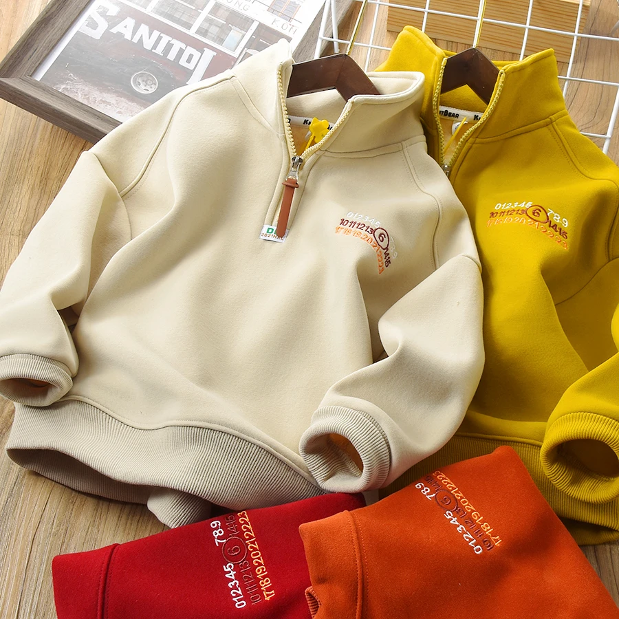 儿童半拉链加绒立领卫衣2024冬季新款男童休闲上衣冬装6136