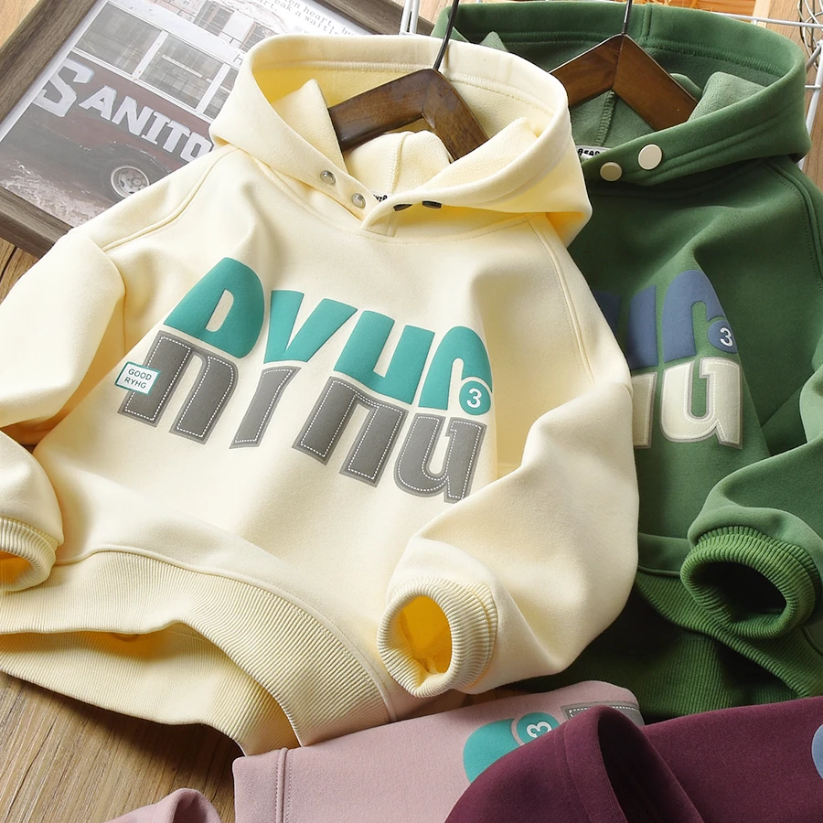 儿童加绒卫衣秋冬款男童长袖连帽上衣中大童保暖女童6107