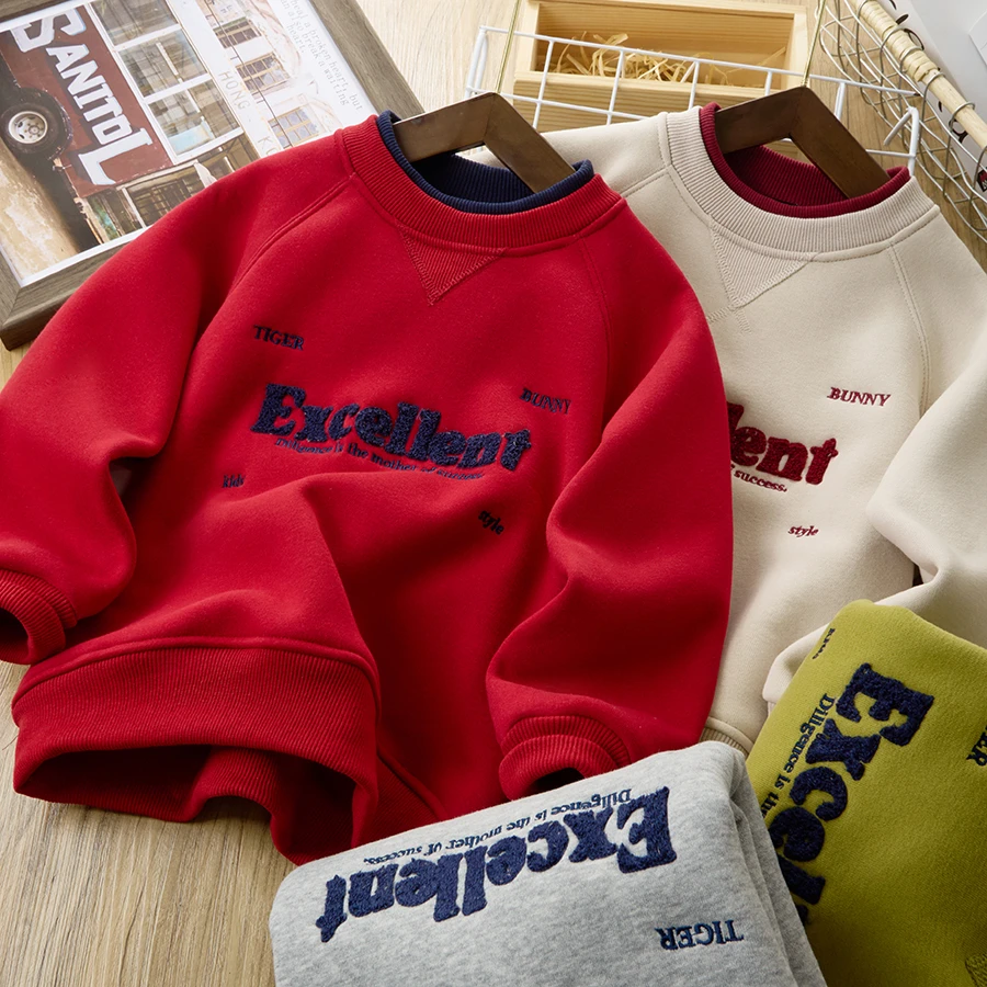 儿童加绒卫衣冬装新款男童假两件打底中大童加厚保暖上衣4117