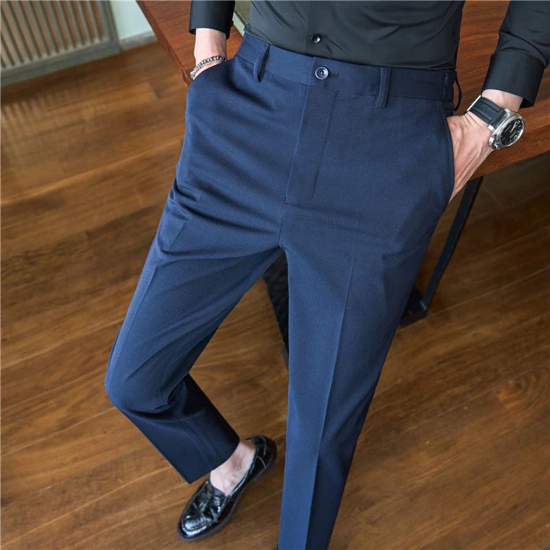 潮流百搭西装休闲裤男士松紧腰商务修身小脚西裤秋季蓝色通勤裤子
