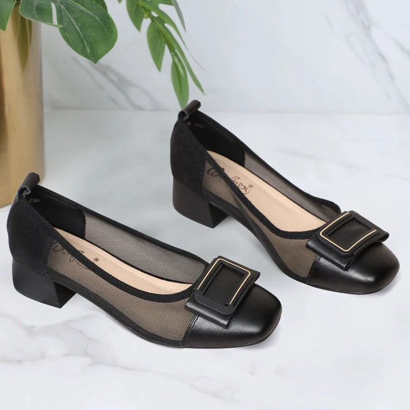 中年妈妈鞋夏季款凉鞋舒适粗跟女士皮鞋镂空网纱黑色哑光百搭女鞋