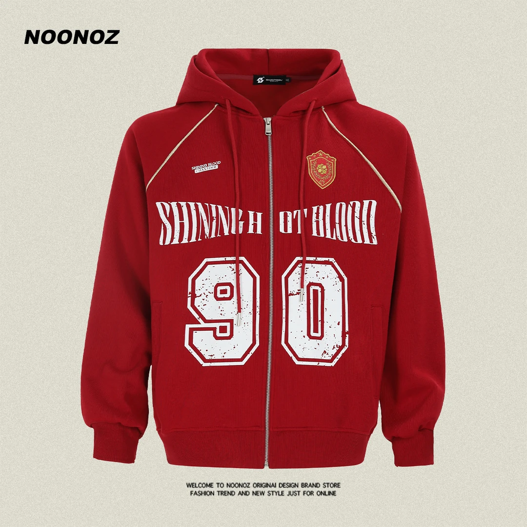 NOONOZ美式复古运动风字母连帽开衫卫衣男秋冬潮牌oversize帽衫