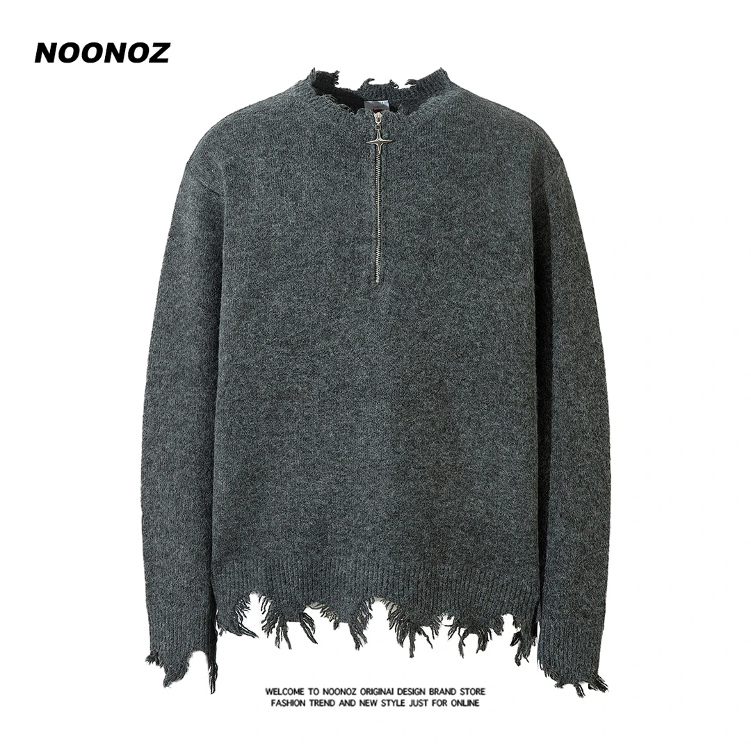 NOONOZ美式高街半拉链毛衣男破坏风套头百搭设计感保暖抗寒针织衫