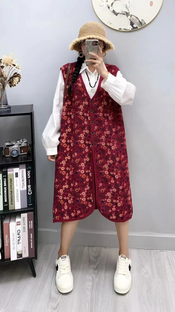 大码针织印花秋冬开衫外套马甲时尚百搭休闲长款毛衣