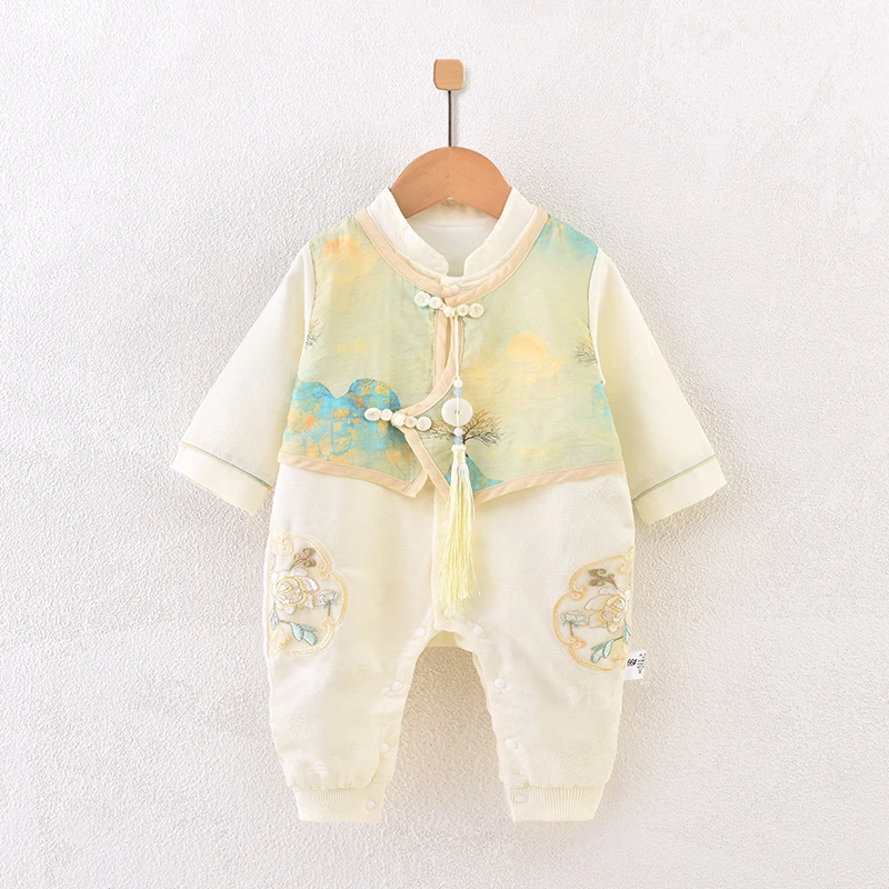 婴儿连体衣长袖双层国潮山水画哈衣新生幼儿爬服萌娃宝宝衣服秋装