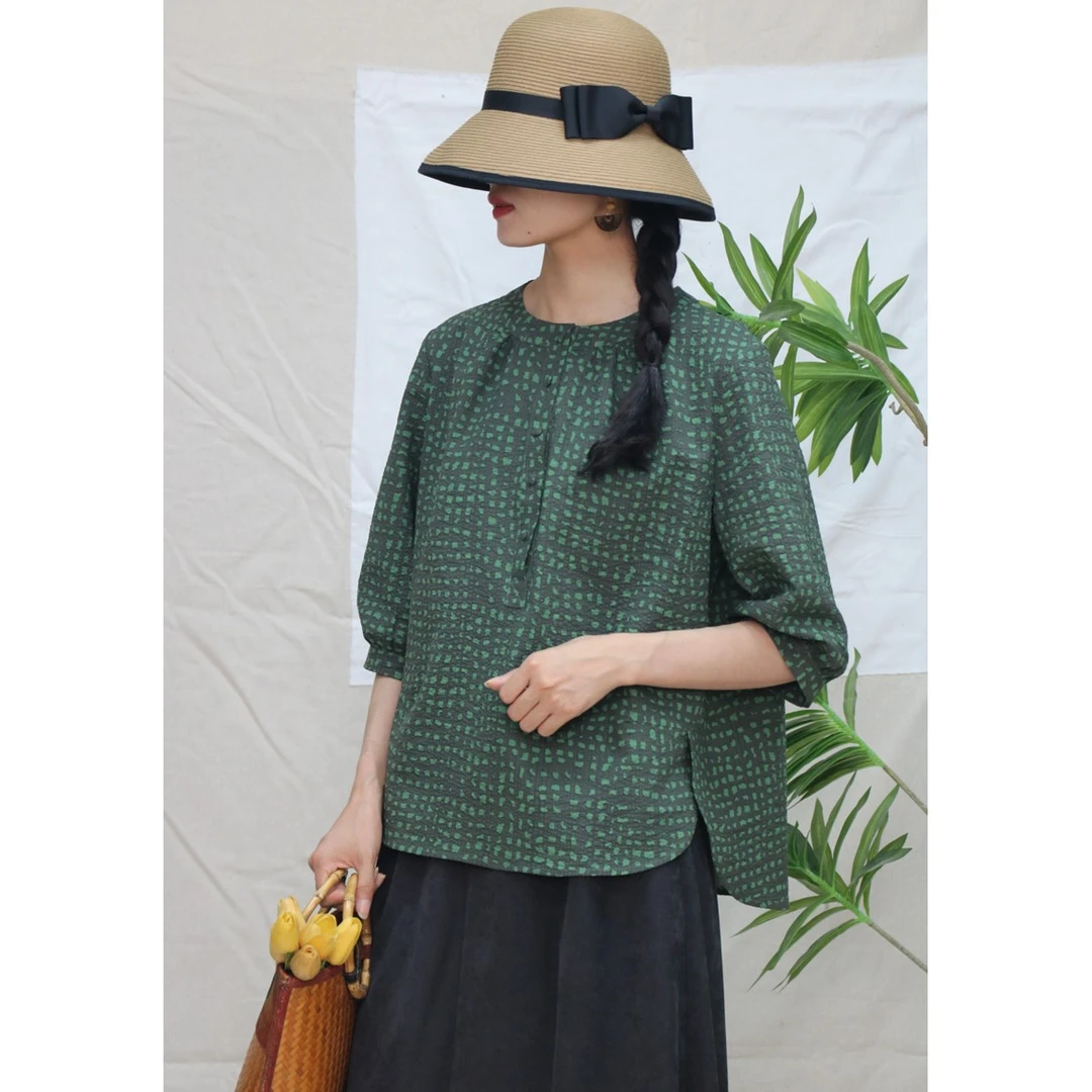 熹泮原创{雀梅扶摇}25春夏新重工气质圆领文艺百搭小清新衬衫女