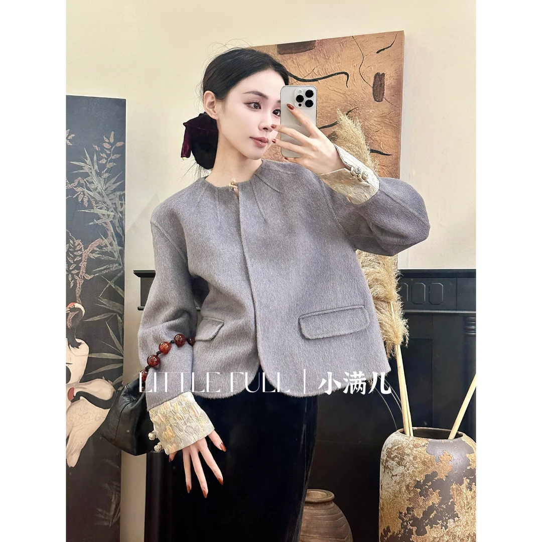 《南笙》新中式禅意风真丝双面羊毛桑蚕丝兔毛织锦缎盘扣大衣外套