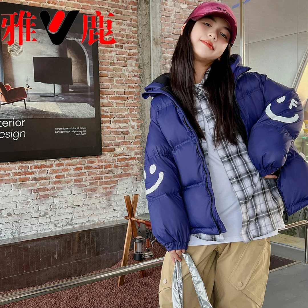 【ZJ】雅鹿笑脸厚款羽绒服中大童男女童白鸭绒纯色百搭韩版连帽秋冬