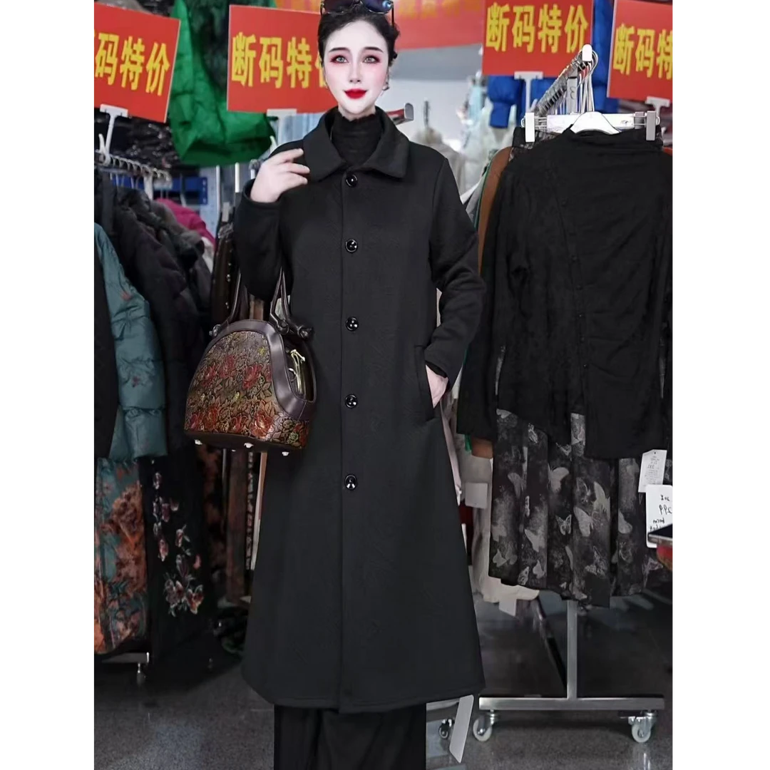 H760秋冬季新款高端纯色加绒加厚长款风衣女减龄洋气宽松翻领外套
