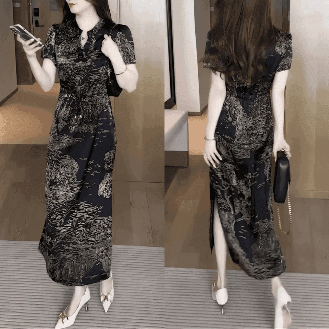 H364新款冰雪丝气质优雅改良旗袍连衣裙2024夏女装连衣裙开叉