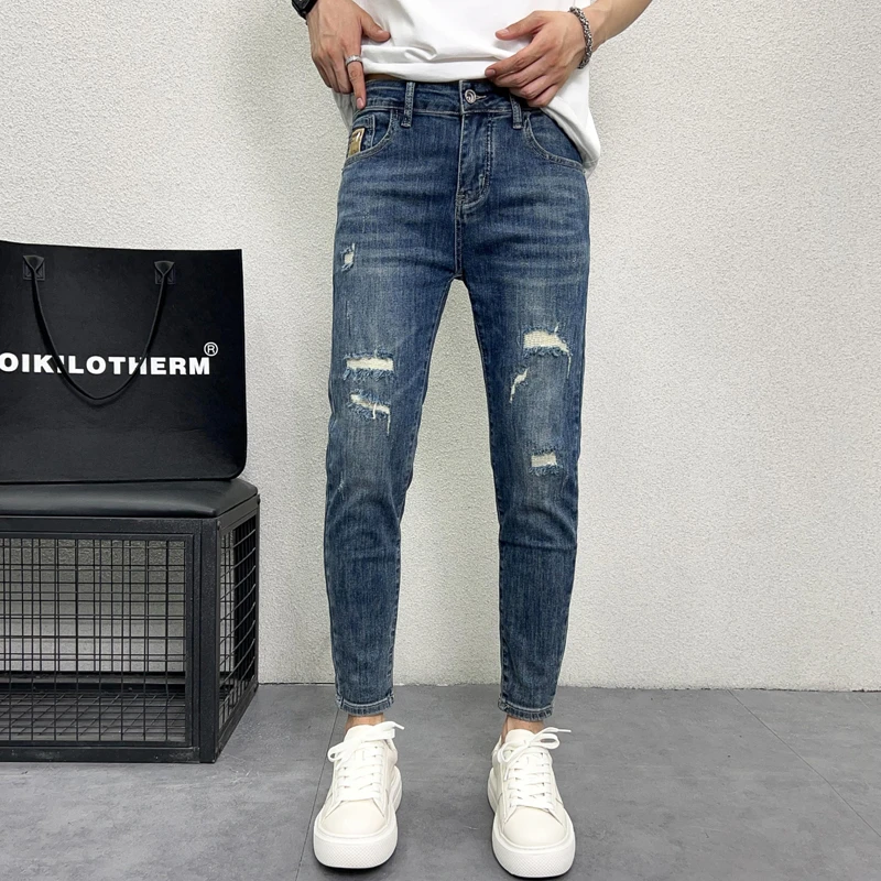 破洞牛仔裤2025新款男高端潮牌痞帅时尚修身弹力小脚乞丐九分裤子