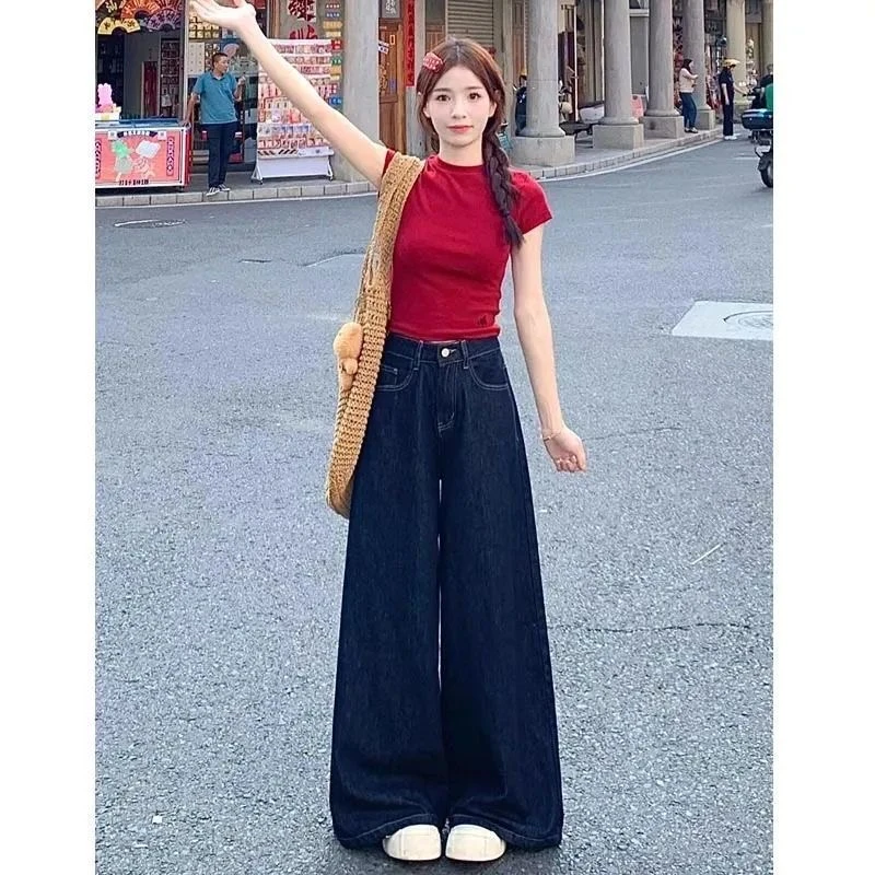 秋冬加绒加厚美式深蓝色阔腿女高腰宽松拖地大版百搭牛仔裤